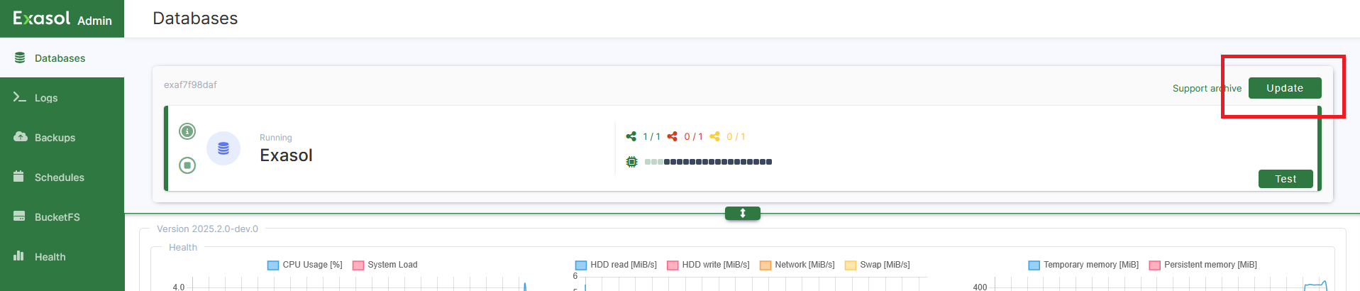 Admin UI database page update button