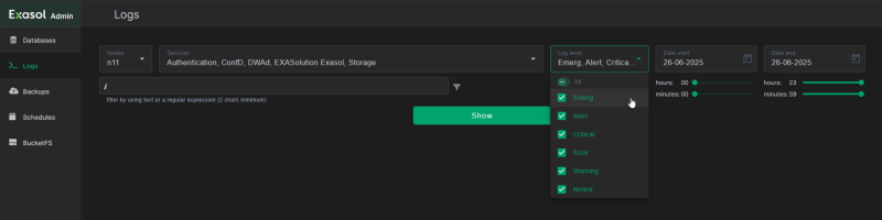 select logs in admin ui