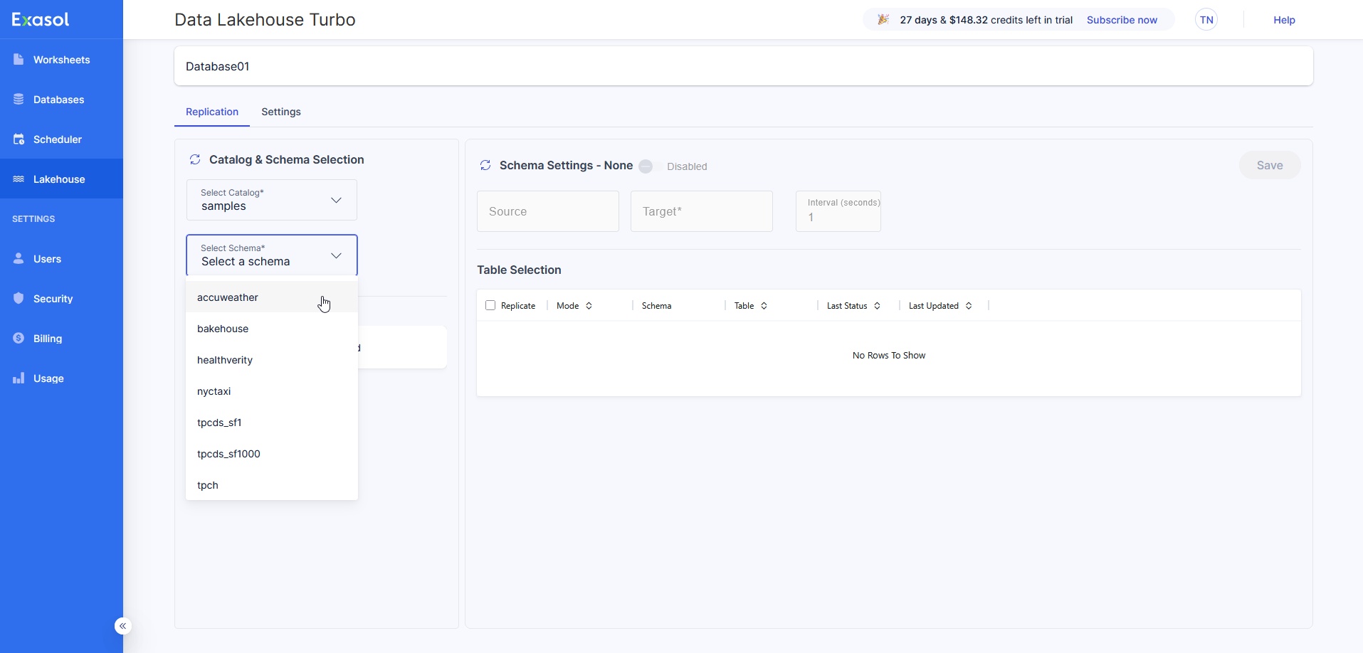 select catalog and schema to replicate