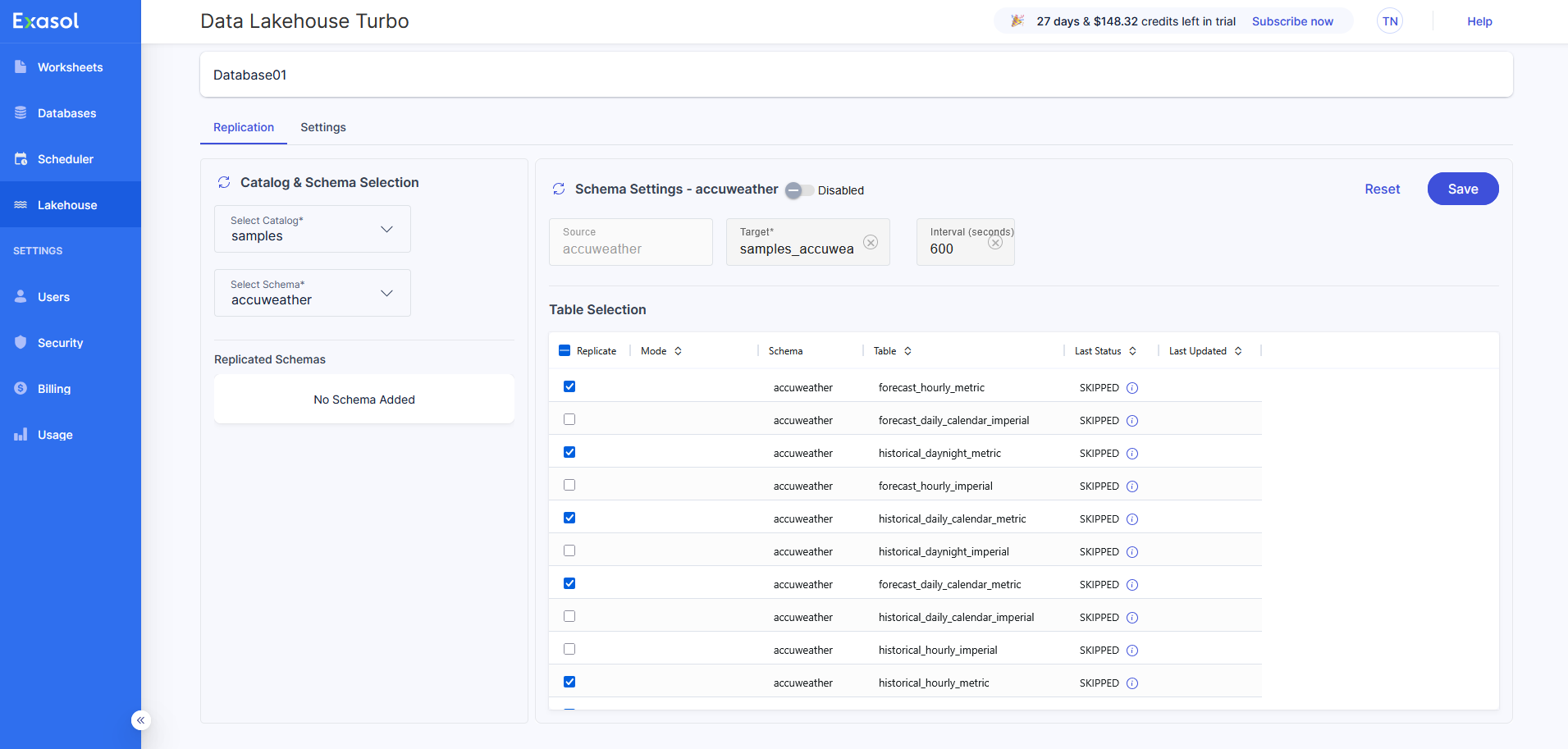 select tables to replicate