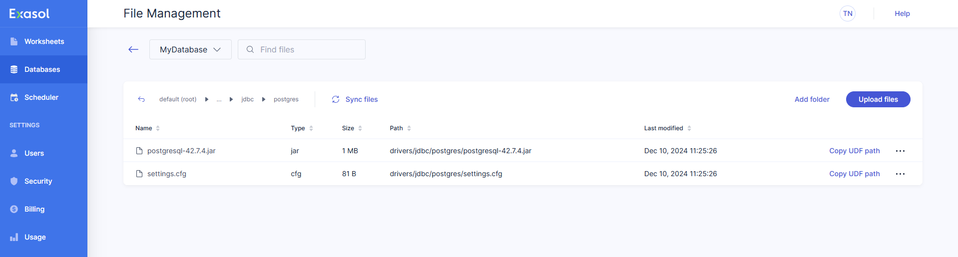jdbc driver and settings uploaded