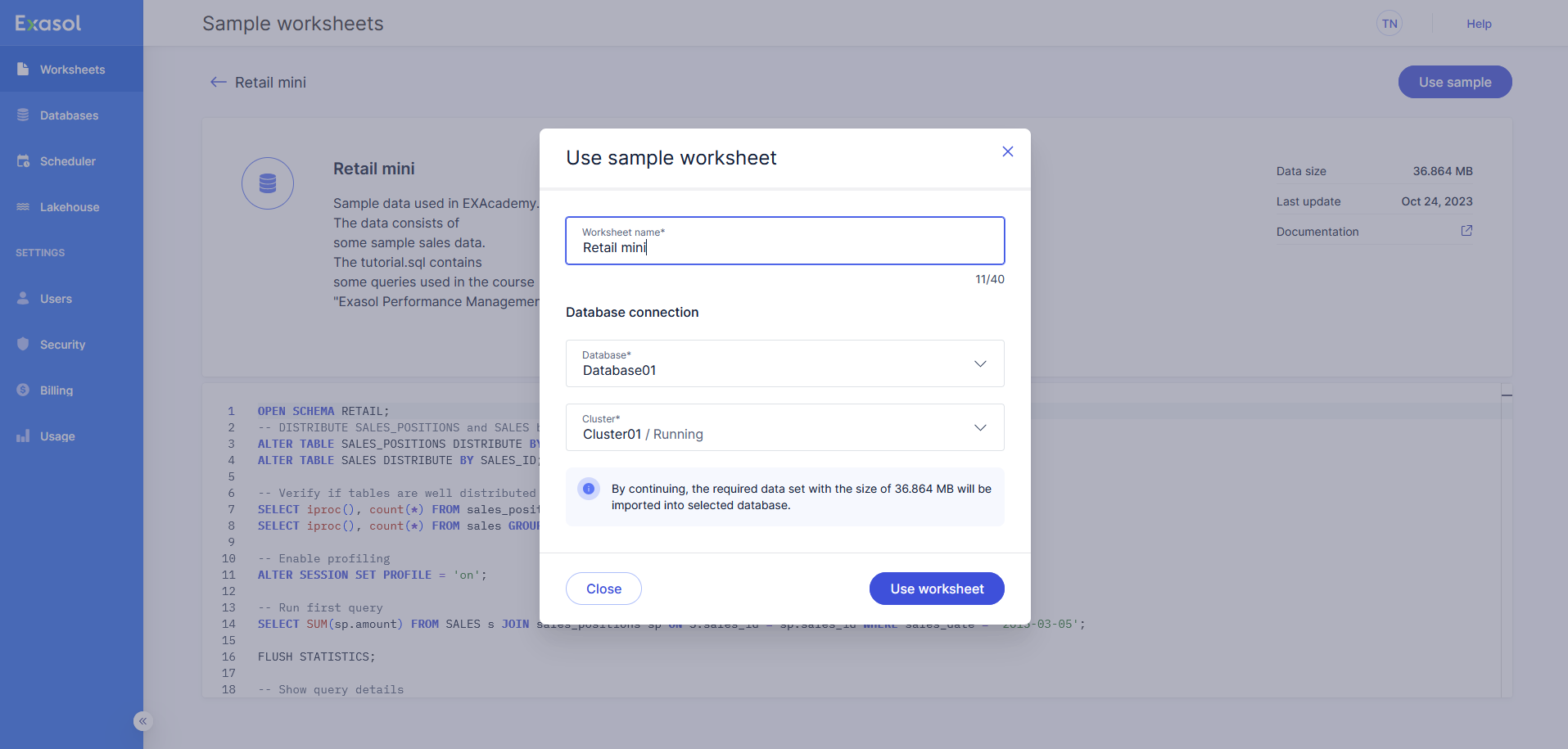 use worksheet to import sample data